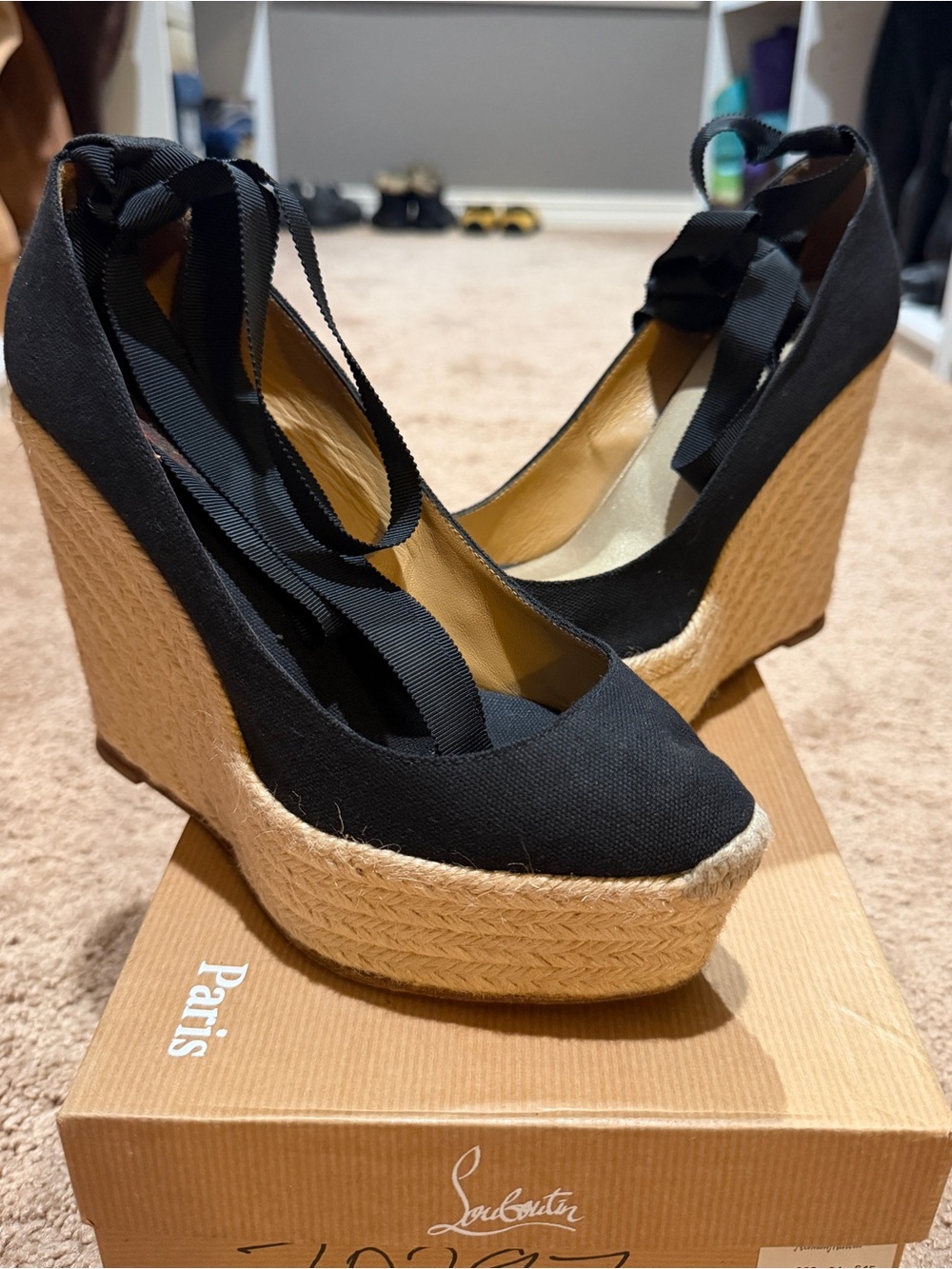 Christian Louboutin Black Canvas Espadrille Wedge with Ribbon Ankle Tie
